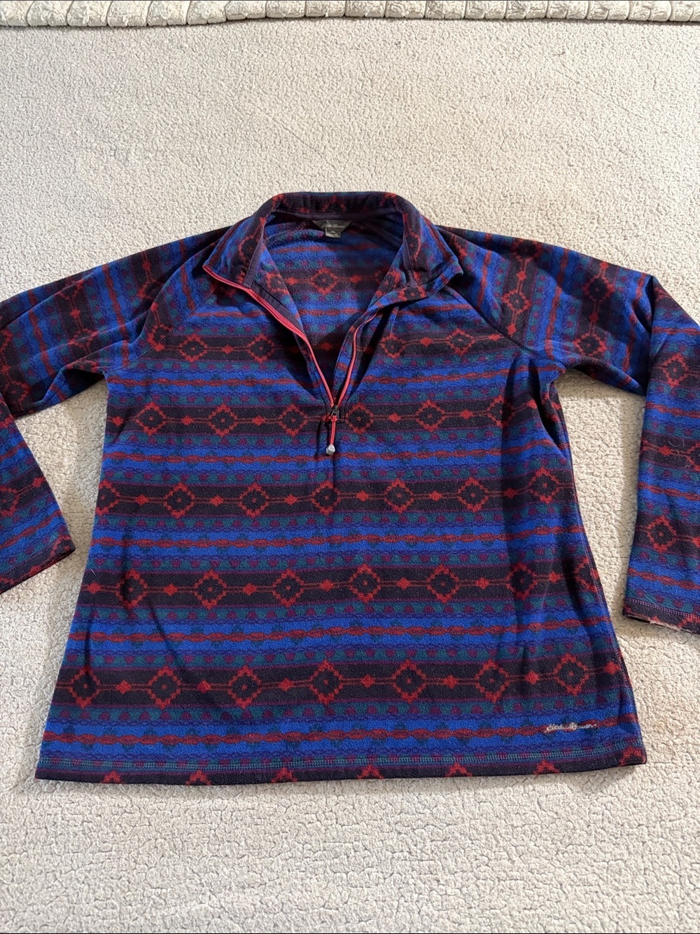 Eddie Bauer Quarter-Zip Aztec Fleece Pullover in Blue and Red Pattern XL
